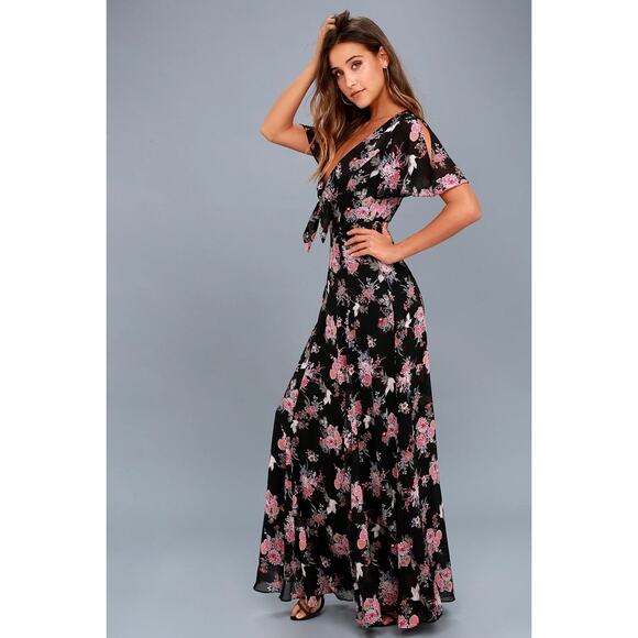 EUC Lulus Wings of Love‎ Black Pink Floral Print Tie Front Maxi Dress Size Small - Picture 9 of 16